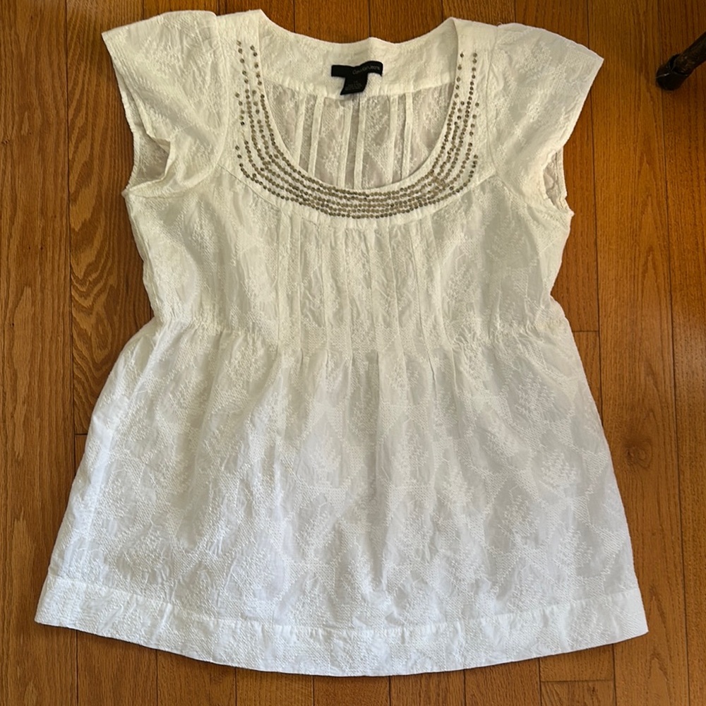 Calvin Klein Jeans White Embellished Cap Sleeve Blouse